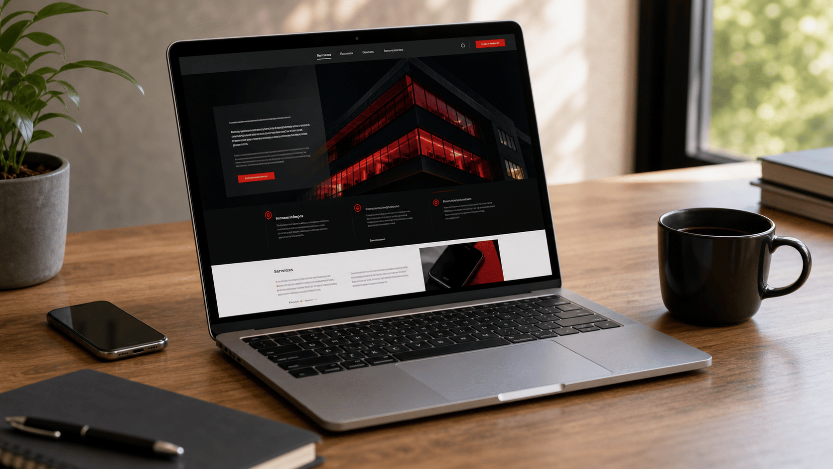 Portátil con una página web terminada en un escritorio real de trabajo